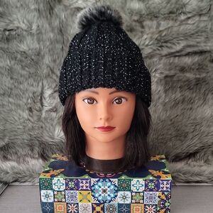 Black And Silver Crochet Beanie with Fur Pom Pom